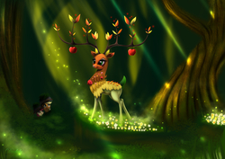 Size: 6000x4250 | Tagged: safe, artist:darksly, apple bloom, applejack, the great seedling, dryad, elk, g4, going to seed, absurd resolution, apple, beautiful, branches for antlers, creature, crepuscular rays, flower, food, forest, male, rose, scenery, tree