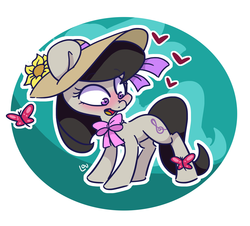 Size: 1603x1449 | Tagged: safe, artist:lou, octavia melody, butterfly, earth pony, pony, blushing, bow, female, flower, hat, solo, sun hat, sunflower