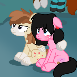 Size: 720x720 | Tagged: safe, artist:thatonefluffs, oc, oc:maple festival, oc:moonlight, oc:summer days, pony, blushing, crying, fluffy, freckles, screenshot redraw, unshorn fetlocks