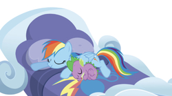 Size: 536x299 | Tagged: safe, editor:undeadponysoldier, rainbow dash, spike, dragon, pegasus, pony, g4, bed, blanket, cloud bed, cute, daaaaaaaaaaaw, dashabetes, eyes closed, female, male, mare, open mouth, pillow, ship:rainbowspike, shipping, simple background, sleeping, sleeping together, spikabetes, spikelove, straight, white background