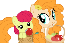 Size: 1280x720 | Tagged: safe, artist:thatonefluffs, apple bloom, pear butter, pony, g4, going to seed, adorabloom, apple, baby, baby apple bloom, baby pony, basket, buttercup, cute, daaaaaaaaaaaw, female, food, freckles, mother and daughter, screenshot redraw, simple background, transparent background, younger