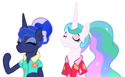 Size: 958x595 | Tagged: safe, artist:thatonefluffs, princess celestia, princess luna, pony, between dark and dawn, g4, cute, ponies wearing clothing, screenshot redraw, simple background, transparent background, vacation