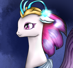 Size: 823x768 | Tagged: safe, artist:bobtailcat, queen novo, seapony (g4), g4, my little pony: the movie, crown, eyebrows, eyelashes, eyeshadow, female, fin wings, fins, flowing mane, jewelry, makeup, ocean, peytral, purple eyes, purple mane, regalia, seaquestria, smiling, swimming, underwater, water, wings