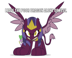 Size: 750x601 | Tagged: safe, edit, editor:undeadponysoldier, spike, the sphinx, dragon, sphinx, g4, angry, crack shipping, crown, fangs, female, hiding, jewelry, looking at you, male, no one messes with spike, offscreen character, protecting, regalia, scared, ship:sphike, shipping, simple background, spikelove, spread wings, straight, teeth, text, threat, white background, wings