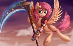 Size: 4000x2529 | Tagged: source needed, safe, artist:apostolllll, oc, oc only, pegasus, pony, amputee, flying, hoof hold, not fluttershy, prosthetic limb, prosthetics, scythe, solo