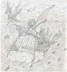 Size: 830x892 | Tagged: safe, artist:smt5015, deer, original species, airship, boat, cloud, crossbow, elaphogriff, grayscale, helmet, leather armor, monochrome, pencil drawing, ship, skull, spear, traditional art, weapon