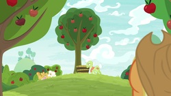 Size: 1920x1080 | Tagged: safe, screencap, applejack, goldie delicious, granny smith, pony, g4, going to seed, apple tree, basket, on back, tree