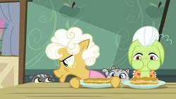 Size: 1920x1080 | Tagged: safe, screencap, goldie delicious, granny smith, cat, earth pony, pony, g4, going to seed, eating, female, food, glare, goldie delicious' cats, group, mare, pancakes, quartet, raised paw