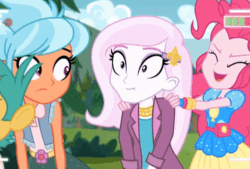 Size: 499x338 | Tagged: safe, screencap, fleur-de-lis, frosty orange, pinkie pie, snails, equestria girls, five lines you need to stand in, g4, my little pony equestria girls: better together, animated, bathroom line, covering crotch, dancing, desperation, female, fetish fuel, male, need to pee, omorashi, pinkie being pinkie, potty dance, potty emergency, potty time, selfie drone, shaking, wide eyes