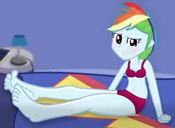 Size: 1145x841 | Tagged: safe, artist:grapefruitface1, derpibooru exclusive, rainbow dash, equestria girls, g4, awkward smile, barefoot, bedroom, belly button, blanket, blushing, book, bra, breasts, clothes, feet, female, lamp, looking at you, panties, rainbow dash's bedroom, red underwear, seductive pose, sitting on bed, smiling, underwear