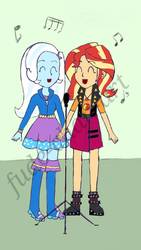 Size: 736x1307 | Tagged: safe, artist:fude-chan-art, sunset shimmer, trixie, equestria girls, g4, my little pony equestria girls: better together, boots, clothes, duo, eyes closed, female, geode of empathy, high heel boots, hoodie, jacket, lesbian, magical geodes, microphone, microphone stand, music notes, ship:suntrix, shipping, shoes, singing, skirt