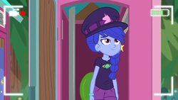 Size: 1280x720 | Tagged: safe, screencap, space camp, equestria girls, equestria girls series, five lines you need to stand in, g4, background character, background human, braided ponytail, hat, not luna, outhouse