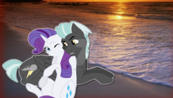 Size: 1279x726 | Tagged: safe, artist:hollielolly, rarity, thunderlane, pony, g4, backwards cutie mark, beach, female, irl, lying down, male, mare, obtrusive watermark, photo, ponies in real life, prone, ship:rarilane, shipping, stallion, straight, watermark