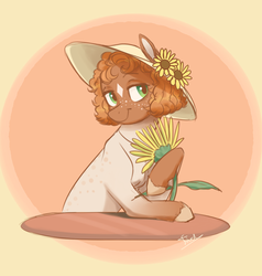 Size: 773x813 | Tagged: safe, artist:frowoppy, oc, oc only, earth pony, pony, cottagecore, female, flower, hat, mare, solo, sunflower