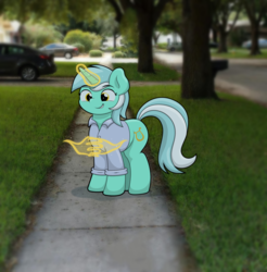 Size: 1280x1301 | Tagged: safe, artist:ljdamz1119, lyra heartstrings, pony, unicorn, g4, glowing horn, hand, horn, irl, lucky luciano, magic, magic hands, meme, photo, ponies in real life, ponified, solo, you know i had to do it to em