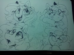 Size: 1280x960 | Tagged: safe, artist:enderselyatdark, oc, oc only, oc:selya t'dark, pony, rcf community, emotions, facial expressions, fangs, hoof on cheek, hoof tapping, lineart, monochrome, sketch, smiling, traditional art