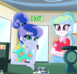 Size: 4000x3840 | Tagged: safe, artist:theretroart88, princess celestia, princess luna, between dark and dawn, equestria girls, g4, breasts, busty princess luna, cleavage, cute, duo, duo female, equestria girls interpretation, female, ponytail, post office, royal sisters, scene interpretation, siblings, sisters, that pony sure does love the post office