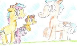 Size: 1746x1041 | Tagged: safe, artist:ptitemouette, oc, oc:cheddar toast, oc:cream cheese, oc:reblochon, oc:sunday cloud, pony, father and daughter, female, male, mother and child, offspring, parent:oc:cheese party, parent:oc:life goal, parent:oc:reblochon, parents:oc x oc, traditional art