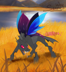 Size: 1000x1089 | Tagged: safe, artist:sunny way, oc, oc only, changeling, pony, rcf community, changeling oc, chitin, colorful, fangs, hissing, open mouth, purple changeling, solo, tongue out, wings