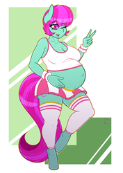 Size: 2480x3508 | Tagged: safe, artist:tatemil, oc, oc only, oc:oven bun, earth pony, anthro, unguligrade anthro, abstract background, belly, big belly, cheerleader, clothes, female, hand on belly, high res, one eye closed, open mouth, open smile, outie belly button, peace sign, pregnant, smiling, solo, wink
