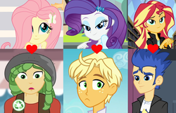 Size: 2576x1664 | Tagged: safe, flash sentry, fluttershy, ragamuffin (g4), rarity, sandalwood, sunset shimmer, equestria girls, equestria girls series, friendship games, g4, my little pony equestria girls, player piano, rainbow rocks, spring breakdown, street magic with trixie, spoiler:eqg series (season 2), female, male, rarimuffin, sandalshy, ship:flashimmer, shipping, shipping domino, straight