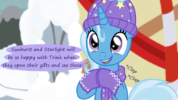 Size: 1280x720 | Tagged: safe, artist:evil-dec0y, trixie, pony, comic:trixie vs., comic:trixie vs. hearth's warming, g4, comic, implied starlight glimmer, implied sunburst, winter, winter outfit