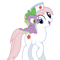 Size: 750x746 | Tagged: safe, edit, editor:undeadponysoldier, nurse redheart, spike, dragon, earth pony, pony, g4, adorable face, crack shipping, cute, daaaaaaaaaaaw, dragons riding ponies, female, hair bun, happy, hat, heartabetes, looking at each other, male, mare, nurse, nurse hat, open mouth, raised hoof, riding, shipping, simple background, smiling, spikeheart, spikelove, straight, white background