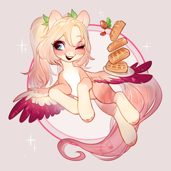 Size: 3600x3600 | Tagged: safe, artist:aphphphphp, oc, oc only, pegasus, pony, food, high res, solo, strawberry, waffle