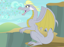 Size: 2952x2160 | Tagged: safe, artist:badumsquish, derpibooru exclusive, derpy hooves, dragon, g4, blowing bubbles, bubble breath, cliff, dragoness, dragonified, fangs, female, grin, happy, high res, horns, macro, paraquestria, show accurate, sitting, smiling, solo, species swap, teeth