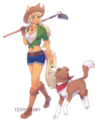 Size: 1280x1593 | Tagged: safe, artist:12irinchan, applejack, winona, dog, earth pony, anthro, plantigrade anthro, g4, apple, bandana, belly button, breasts, chest freckles, cleavage, clothes, colored pupils, cute, denim shorts, duo, eared humanization, female, food, freckles, front knot midriff, gloves, hoe (tool), humanized, jackabetes, jewelry, midriff, necklace, shorts, tailed humanization