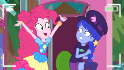 Size: 1280x720 | Tagged: safe, screencap, pinkie pie, space camp, equestria girls, equestria girls series, five lines you need to stand in, g4, background human, female, geode of sugar bombs, magical geodes, not luna, outhouse, surprised