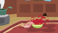 Size: 1280x720 | Tagged: safe, screencap, philomena, phoenix, a bird in the hoof, g4, season 1, bowl, female, food, not blood, out of context, solo, soup