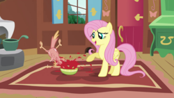Size: 1280x720 | Tagged: safe, screencap, fluttershy, philomena, pegasus, phoenix, pony, a bird in the hoof, g4, bowl, duo, food, not blood, out of context, raised hoof, soup