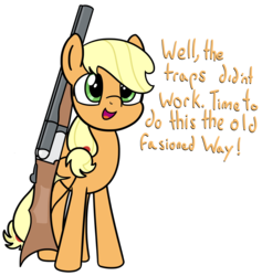 Size: 3599x3794 | Tagged: safe, artist:czu, applejack, earth pony, pony, g4, going to seed, female, gun, high res, open mouth, shotgun, simple background, solo, speech, this will end in death, this will end in tears, this will end in tears and/or death, transparent background, weapon