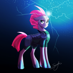 Size: 2500x2500 | Tagged: safe, artist:streetfair, tempest shadow, pony, unicorn, g4, broken horn, electricity magic, eye scar, female, glowing horn, high res, hoof shoes, horn, mare, scar, signature, solo, sparking horn
