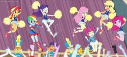 Size: 2890x1320 | Tagged: safe, artist:charliexe, applejack, fluttershy, golden brass, majorette, pinkie pie, pumpkin treat, rainbow dash, rarity, sunset shimmer, sweeten sour, woody winds, equestria girls, g4, my little pony equestria girls: friendship games, armpits, auditorium, background human, baton, belly button, boots, breasts, canterlot high, cheerleader, clothes, converse, cute, dress, eye scream, eyes closed, eyes on the prize, faic, fall formal outfits, female, freckles, legs, microphone, miniskirt, open mouth, ouch, pain, panties, panty shot, pleated skirt, pom pom, purple underwear, screaming, shoes, skirt, sleeveless, smiling, smirk, sneakers, socks, stage, this already ended in pain, this will end in the hospital, underwear, upskirt