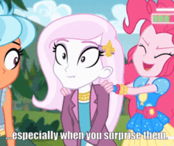 Size: 403x338 | Tagged: safe, edit, edited screencap, screencap, fleur-de-lis, frosty orange, pinkie pie, pony, equestria girls, equestria girls series, five lines you need to stand in, g4, spoiler:eqg series (season 2), animated, background human, bathroom line, caption, cloud, covering crotch, cropped, desperation, female, image macro, need to pee, omorashi, outdoors, pinkie being pinkie, potty emergency, potty time, shake, text