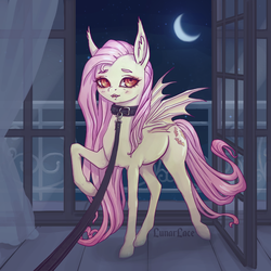 Size: 1200x1200 | Tagged: safe, artist:lunarlacepony, fluttershy, bat pony, pony, g4, bat ponified, collar, crescent moon, dominant pov, female, femsub, flutterbat, flutterpet, indoors, leash, looking at you, mare, moon, pet play, race swap, raised hoof, solo, submissive