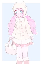 Size: 546x820 | Tagged: safe, artist:nemucure, pinkie pie, human, g4, abstract background, alternate hairstyle, boots, bow, clothes, coat, colored pupils, cute, diapinkes, female, hat, humanized, miniskirt, moe, pigtails, shoes, skirt, solo, twintails