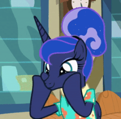 Size: 278x273 | Tagged: safe, screencap, princess luna, alicorn, pony, between dark and dawn, g4, alternate hairstyle, animated, bare hooves, cheerful, clock, clothes, cropped, cute, excited, eyeshadow, female, gif, hair bun, hawaiian shirt, hooves on cheeks, indoors, lunabetes, makeup, mare, post office, smiling, solo, squishy cheeks, that pony sure does love the post office, too cute