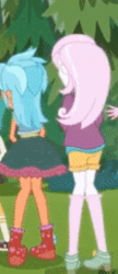 Size: 172x400 | Tagged: safe, screencap, fleur-de-lis, frosty orange, pinkie pie, snails, equestria girls, equestria girls series, five lines you need to stand in, g4, spoiler:eqg series (season 2), animated, background human, boots, clothes, covering crotch, cropped, dancing, desperation, fetish fuel, hand, high heels, kneesocks, need to pee, omorashi, potty dance, potty emergency, potty time, shoes, shorts, skirt, socks