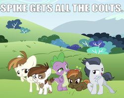Size: 639x507 | Tagged: safe, editor:undeadponysoldier, button mash, featherweight, pipsqueak, rumble, spike, dragon, earth pony, pegasus, pony, g4, beanie, bedroom eyes, bush, button's hat, caption, colt, crack shipping, field, foal, gay, hat, image macro, looking at each other, lucky bastard, lucky bastards, male, mountain, open mouth, raised hoof, ship:rumblespike, ship:spikequeak, ship:spikeweight, shipping, smiling, spike gets all the colts, spike gets all the stallions, spikelove, spikemash, stupid sexy pipsqueak, stupid sexy rumble, text, tree