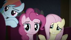 Size: 1280x720 | Tagged: safe, screencap, fluttershy, pinkie pie, rainbow dash, earth pony, pegasus, pony, common ground, g4, female, mare, pinkie pie is not amused, rainbow dash is not amused, trio focus, unamused