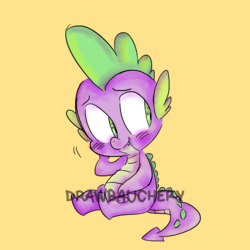 Size: 1000x1000 | Tagged: safe, artist:drawbauchery, spike, dragon, g4, blushing, cute, male, simple background, sitting, solo, spikabetes, watermark, yellow background