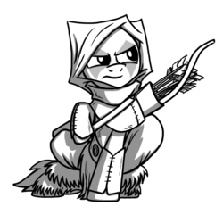 Size: 1024x1024 | Tagged: safe, artist:fimflamfilosophy, oc, oc only, pony, buck legacy, arrow, black and white, bow (weapon), bow and arrow, card art, clothes, determined, fantasy class, grayscale, hood, leather armor, male, monochrome, ranger, simple background, solo, tattoo, transparent background, weapon