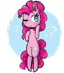 Size: 451x512 | Tagged: safe, artist:urbanqhoul, pinkie pie, earth pony, pony, g4, abstract background, bipedal, cute, diapinkes, female, heart, heart eyes, one eye closed, solo, wingding eyes
