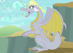 Size: 2952x2160 | Tagged: safe, alternate version, artist:badumsquish, derpibooru exclusive, derpy hooves, dragon, pegasus, pony, g4, blowing bubbles, bubble breath, cliff, dragoness, dragonified, duality, fangs, female, friends, grin, happy, high res, horns, irrational exuberance, macro, multeity, paraquestria, pony dragondox, show accurate, sitting, size difference, smiling, solo, species swap, spread wings, teeth, wings