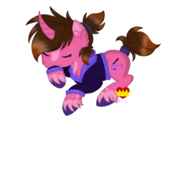 Size: 1024x1024 | Tagged: safe, artist:ariathelovely, oc, oc only, oc:arty pink, pony, unicorn, curved horn, horn, ponytail, simple background, sleeping, solo, sweatshirt, transparent background, unshorn fetlocks