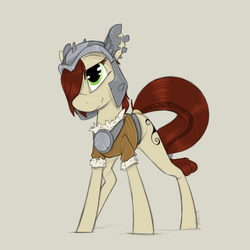 Size: 900x900 | Tagged: safe, artist:sinrar, idw, steela oresdotter, earth pony, pony, g4, legends of magic #2, my little pony: legends of magic, spoiler:comic, braided tail, clothes, colored sketch, female, fur, helmet, mare, scar, simple background, solo