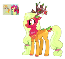 Size: 1149x1042 | Tagged: safe, artist:unoriginai, apple bloom, the great seedling, oc, oc:daphnaeae, deer, deer pony, hybrid, original species, g4, going to seed, branches for antlers, cute, female, offspring, parent:apple bloom, parent:the great seedling, parents:seedbloom, screencap reference